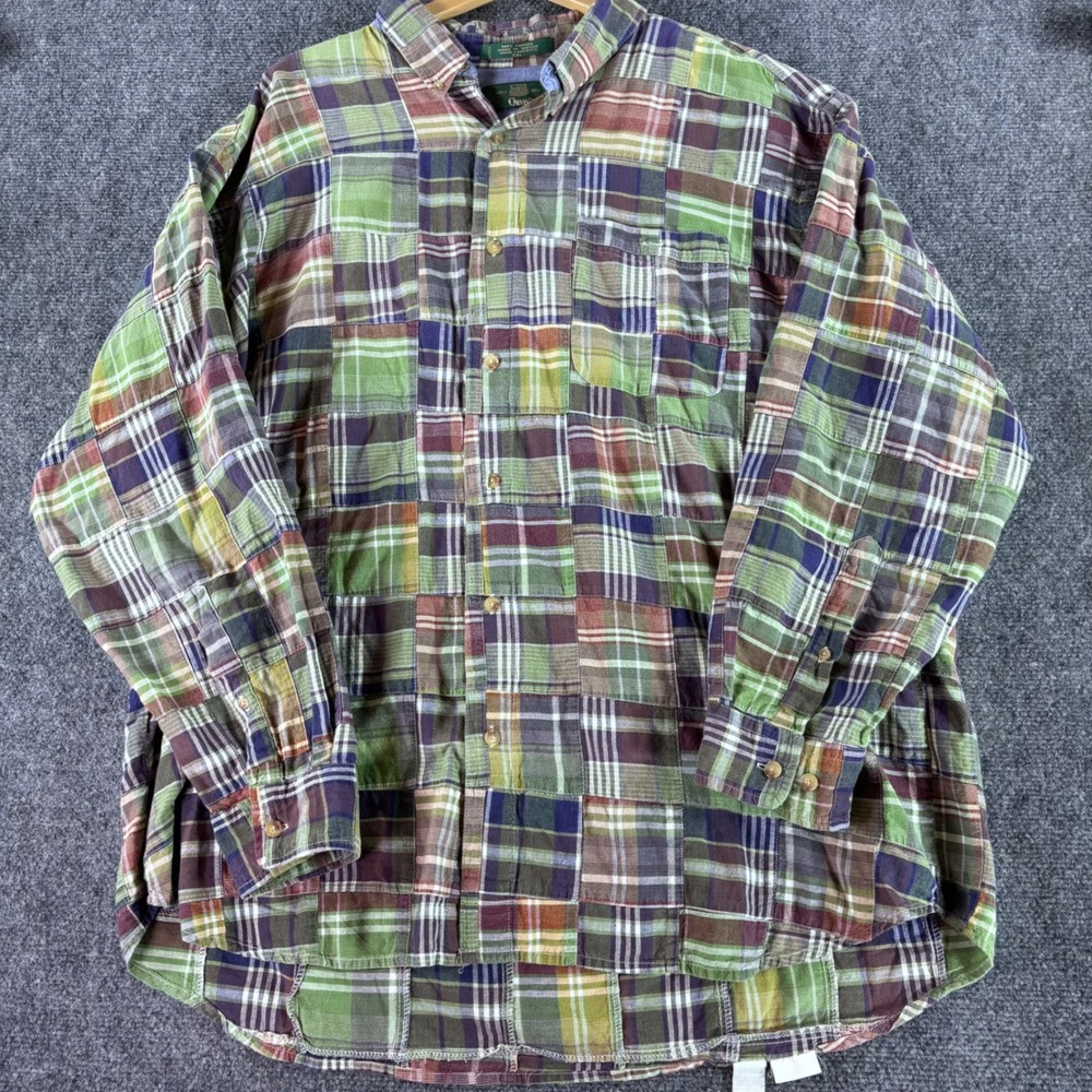 Orvis Button Down Shirt Mens XXL Multicolor Patchwork Plaid Cotton Outdoorsman